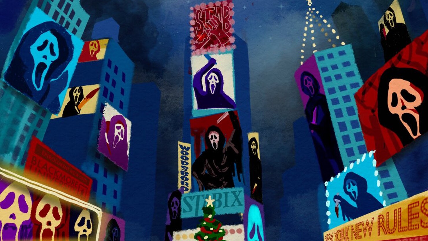 Новогодний и городской постер ужастика "Крик 6"