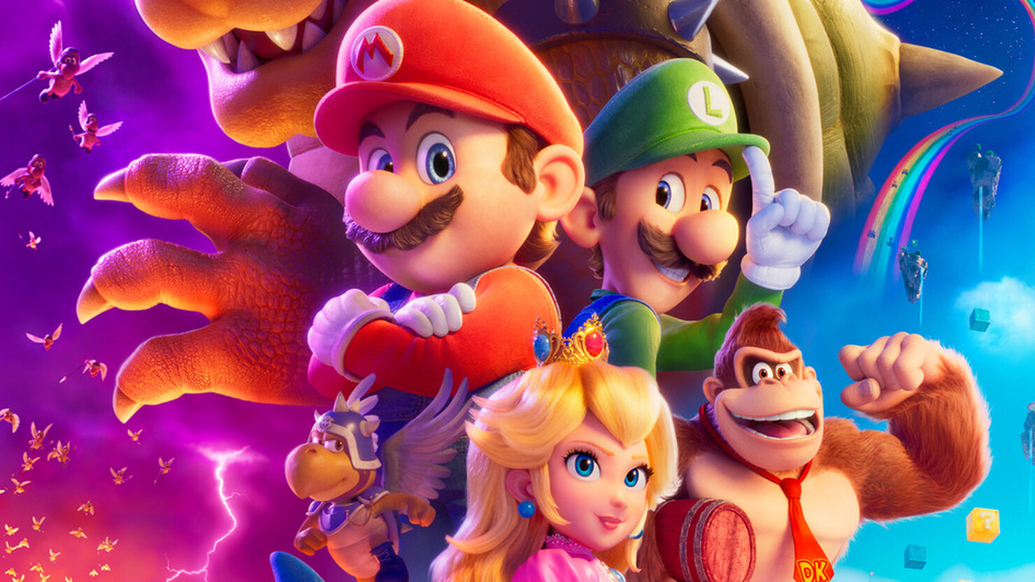 Черепахи, грибы, принцессы и водопроводчики на общем постере мультфильма "Супербратья Марио"
